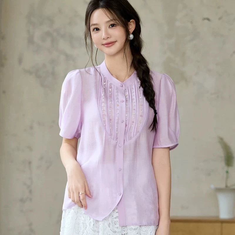 时尚百搭钉珠压褶立领法式短袖2610