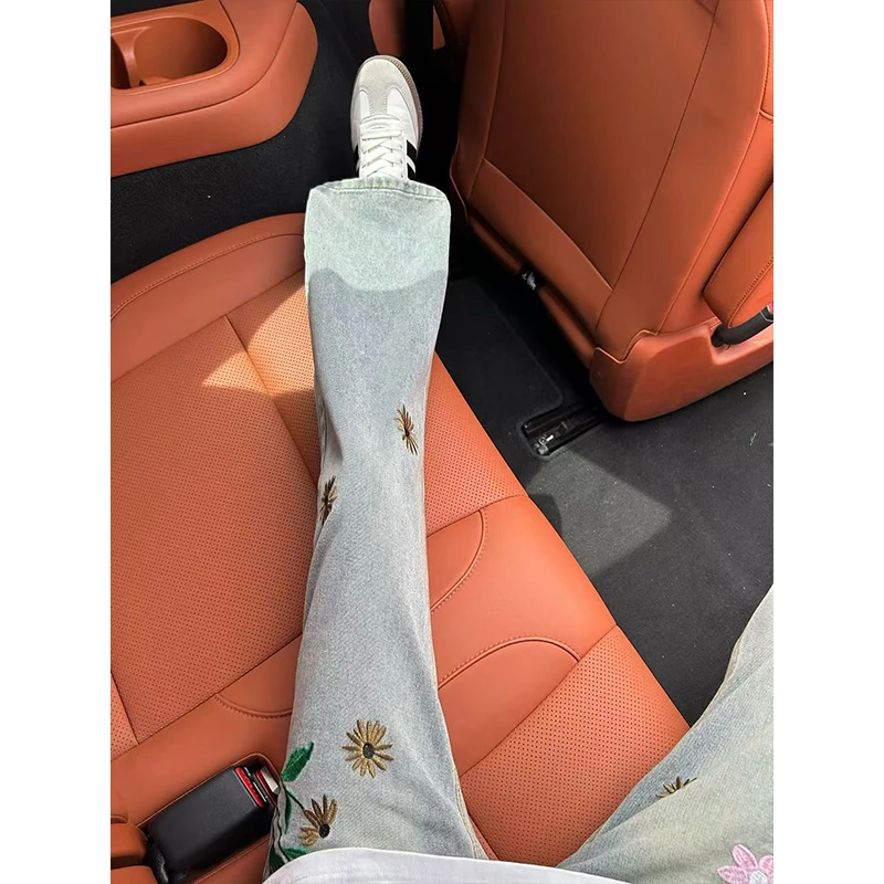 港风复古雏菊刺绣牛仔裤男款秋季高街vibe裤子潮牌痞帅炸街直筒裤