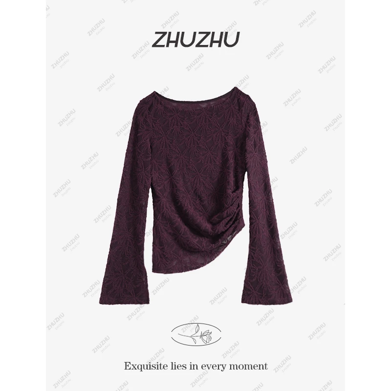 【月光浮星】竹叶提花不规则长袖T恤女时尚春季新款显瘦上衣服7358