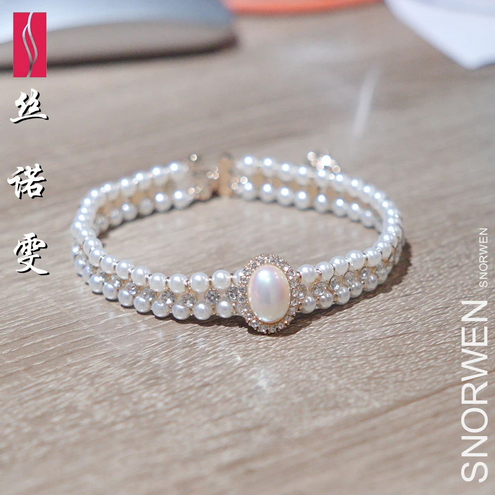 铜合金仿珍珠项链 【丝诺雯】法式复古女双层叠戴镶钻时尚百搭项链