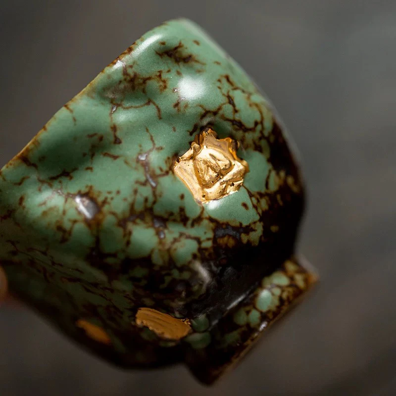 青苔绿岩生釉手工描金敦煌文化方杯