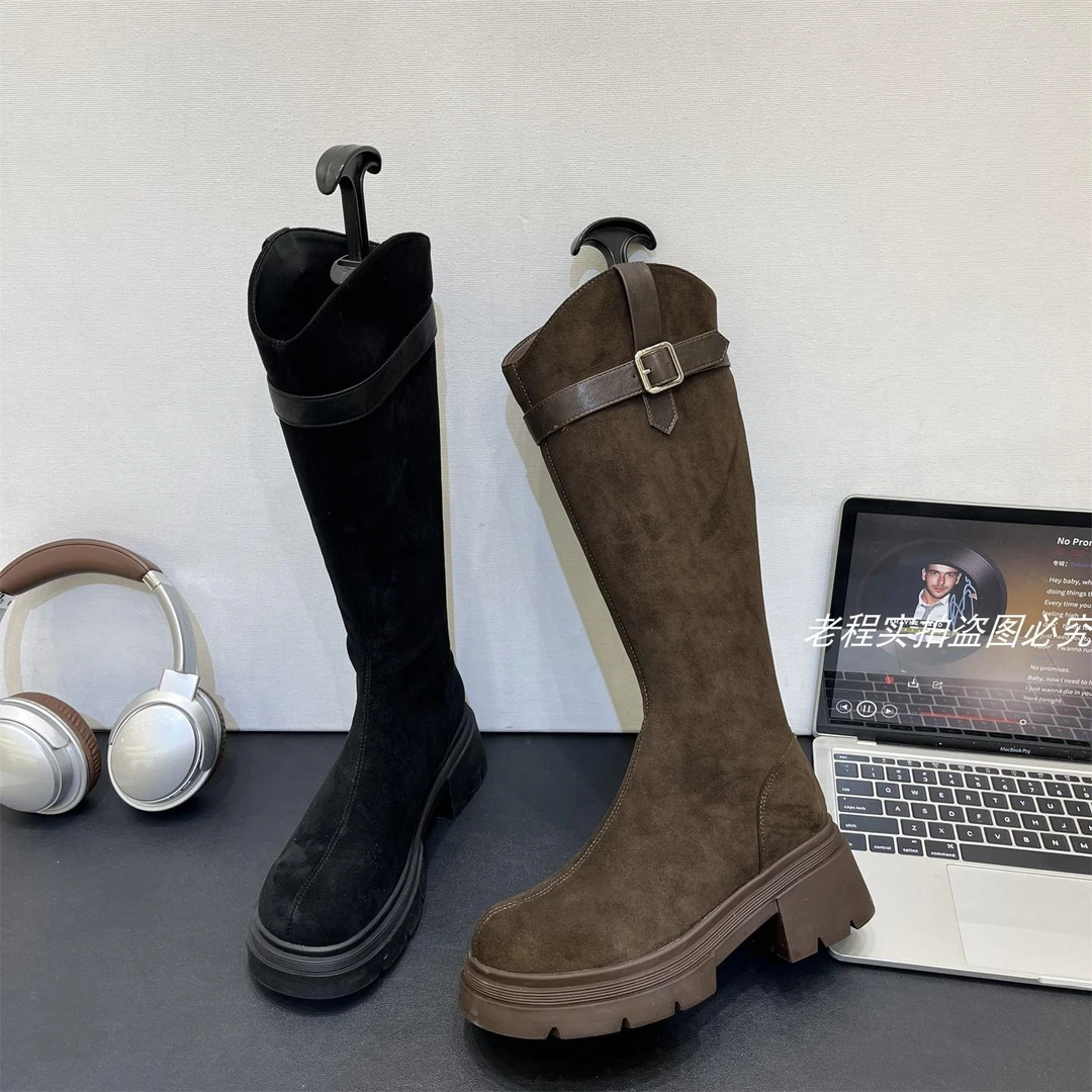 奥莱正品膝长靴子覆古绒面厚底高筒不过膝骑士冬季新款爆款高级感