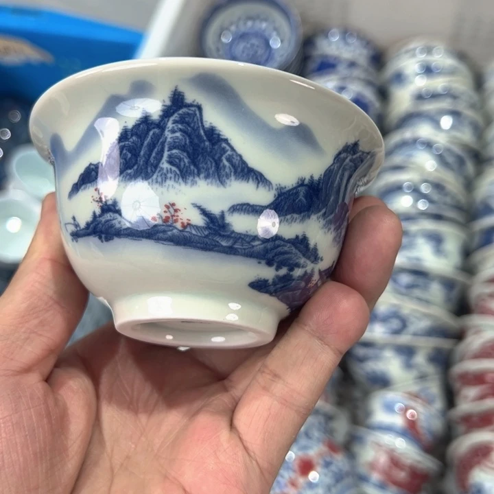瓷片白青花万里江山压手杯全品