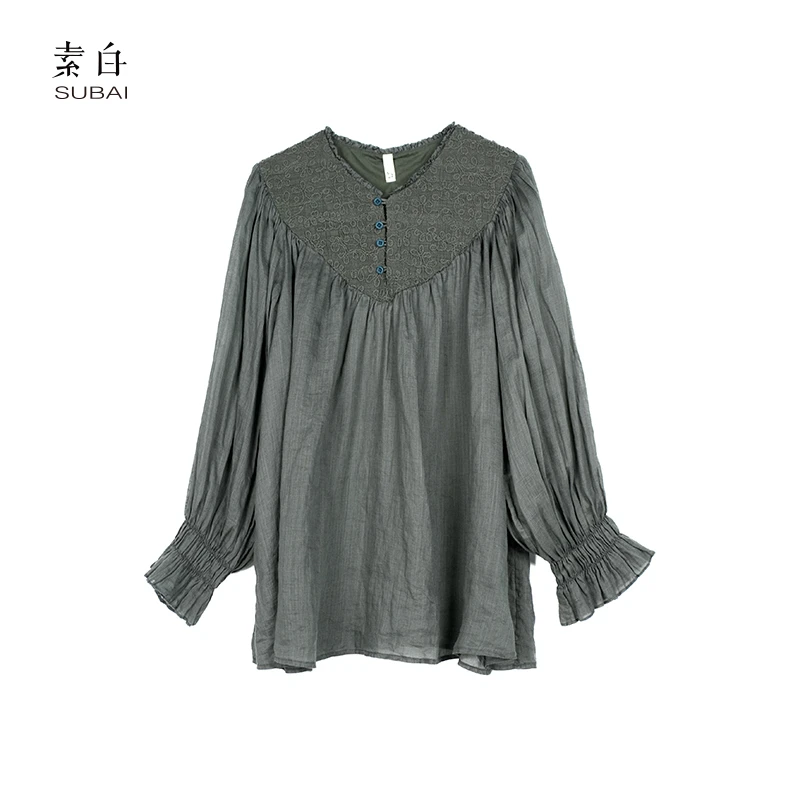 素白【青季】春季新款刺绣拼接复古褶皱苎麻长袖衬衫SB2412CP00828