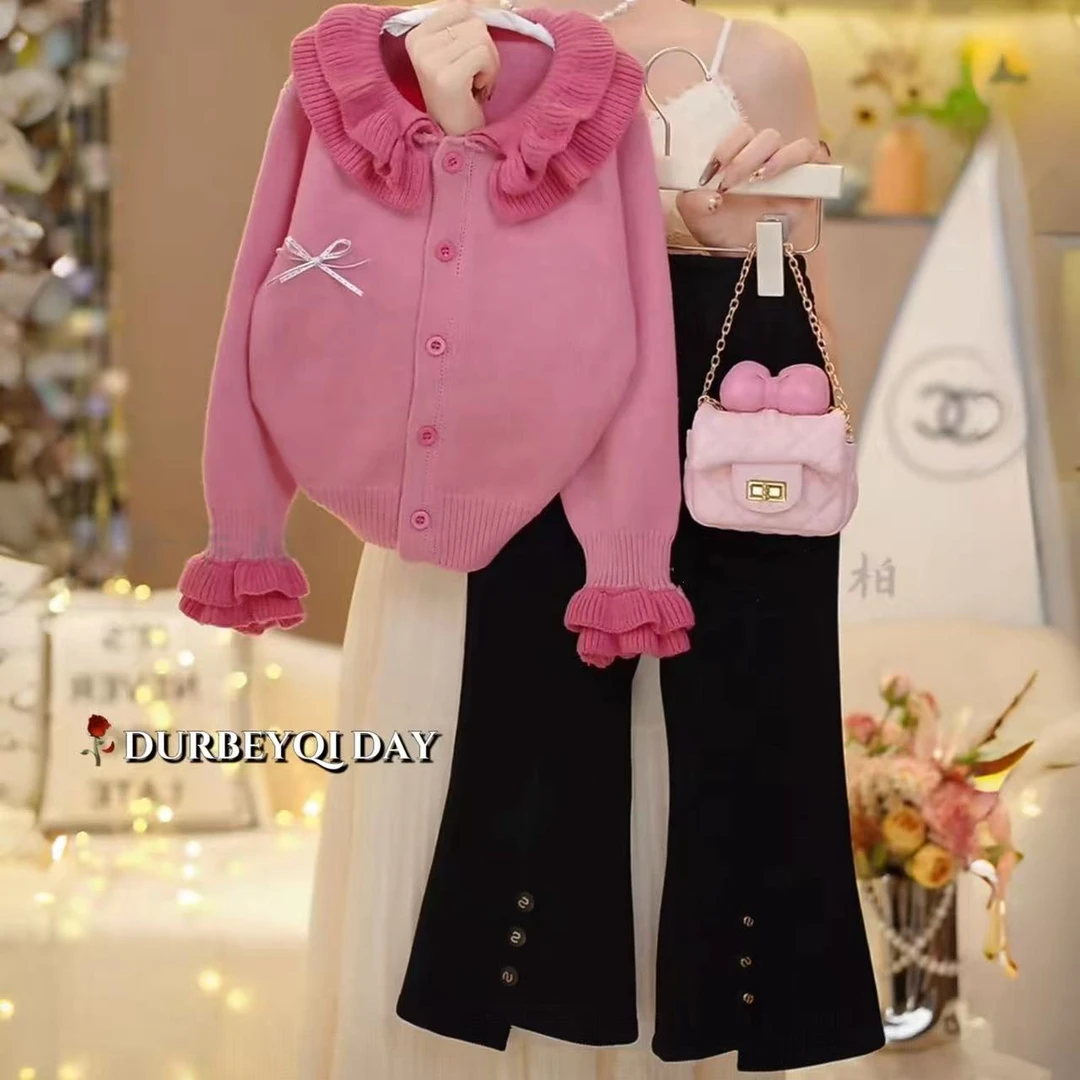 女童2025秋季新款百搭娃娃领单排扣毛衣松紧腰微喇裤套装5793