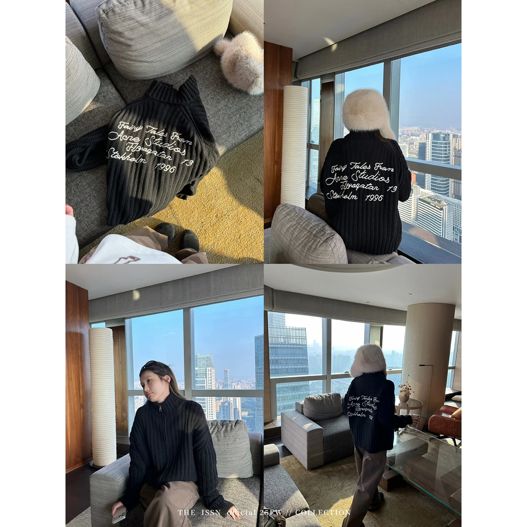 THEISSN宁司 黑色高领刺绣毛衣女冬季宽松拉链外套 01896