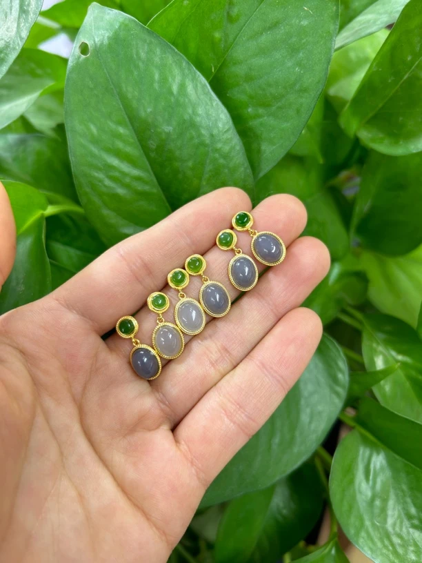 和田玉烟紫耳钉925银8×10蛋面 颜色多样性发货拍一发一