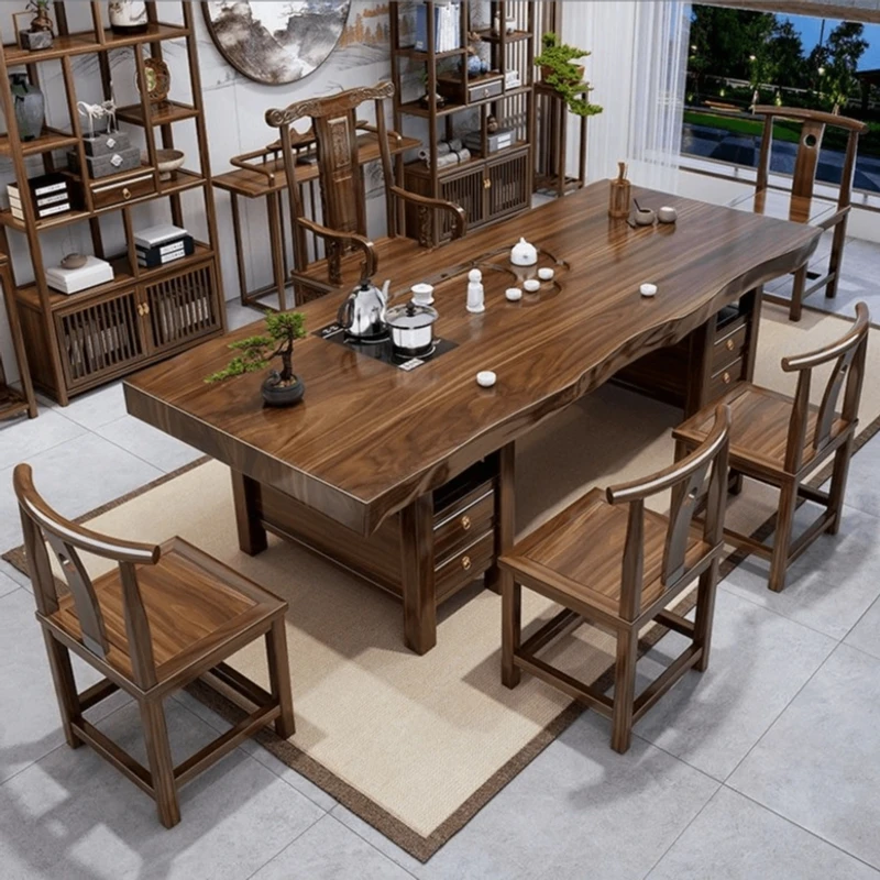 【双抽】进口松木实木大板茶桌椅组合独立茶水柜茶台茶桌干泡湿泡台