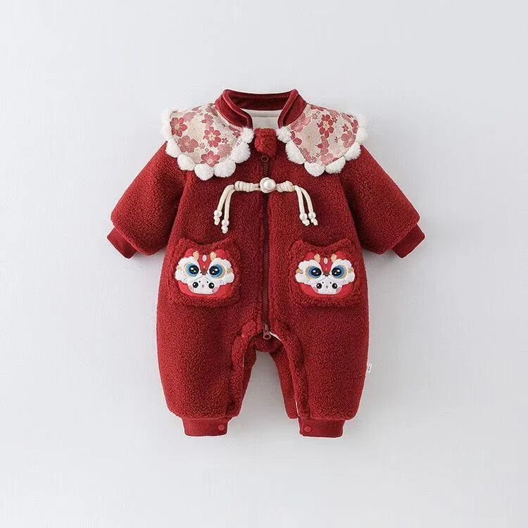 婴幼儿可爱连体衣冬季宝宝夹棉加厚棉衣满月百天爬爬婴幼儿拜年服