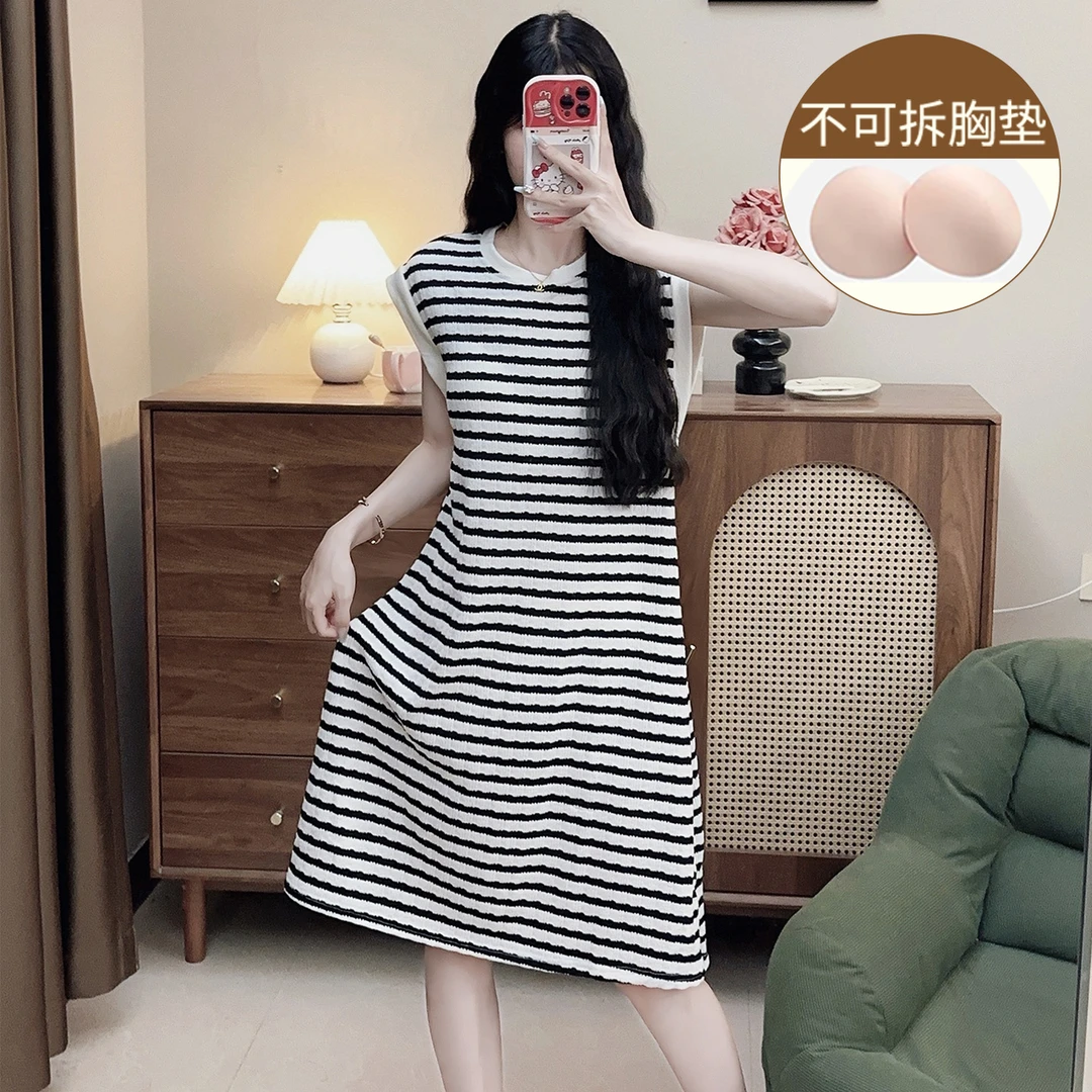 莫代尔睡裙女夏季简约条纹休闲风背心睡衣夏天小个子带胸垫家居服