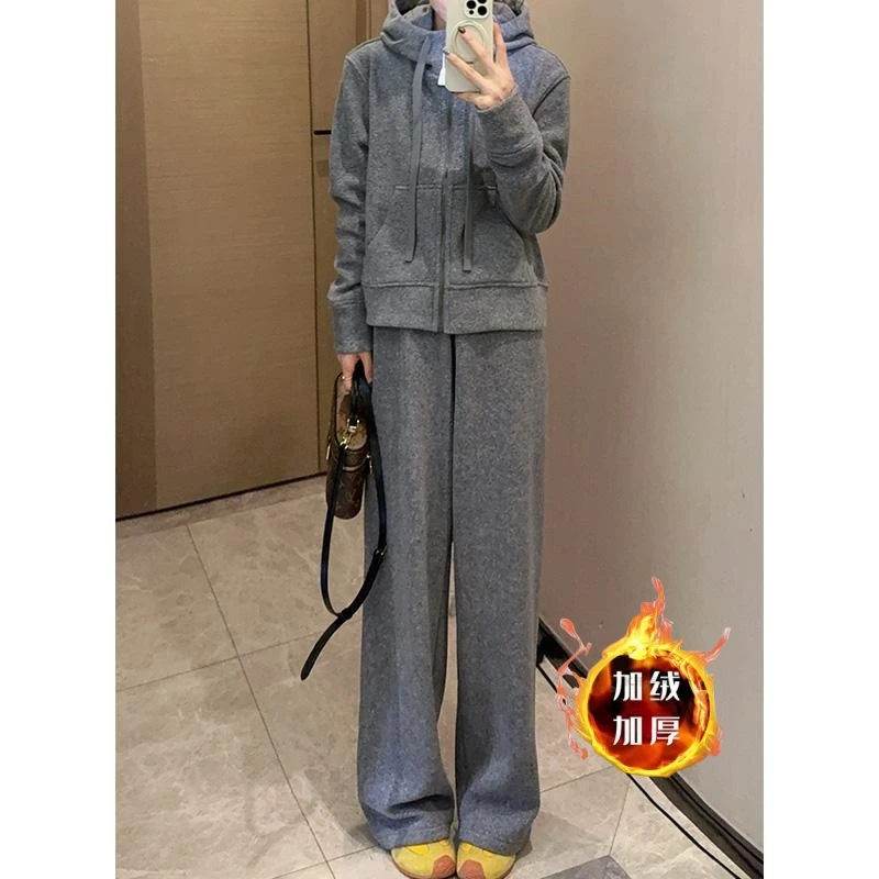 慵懒风秋冬加绒套装女连帽卫衣外套休闲阔腿长裤保暖加厚两件套