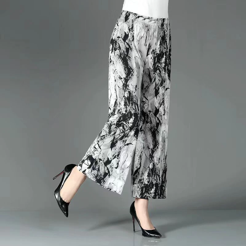 冰丝休闲女裤高腰夏季弹力薄款大码九分裤子妈妈裤宽松中老年筒裤