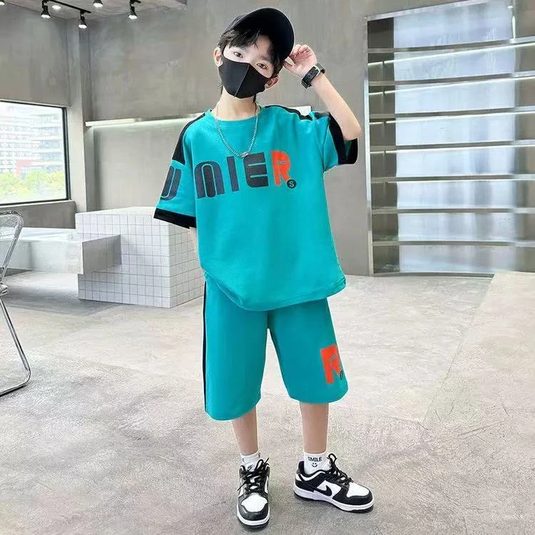502765童装男童套装2025夏休闲运动洋气珠地棉两件套套装宝宝衣服