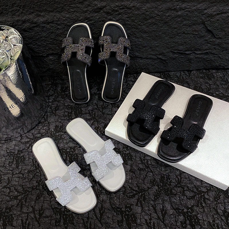 欧美风水钻款-2025平底外穿网红防滑一字拖女凉拖软底凉拖鞋ins