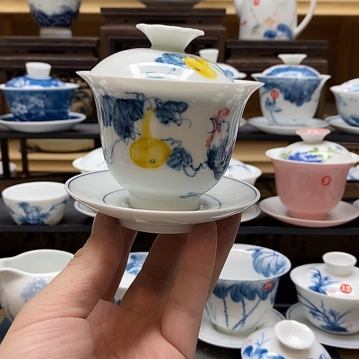 手绘微瑕公鸡盖碗