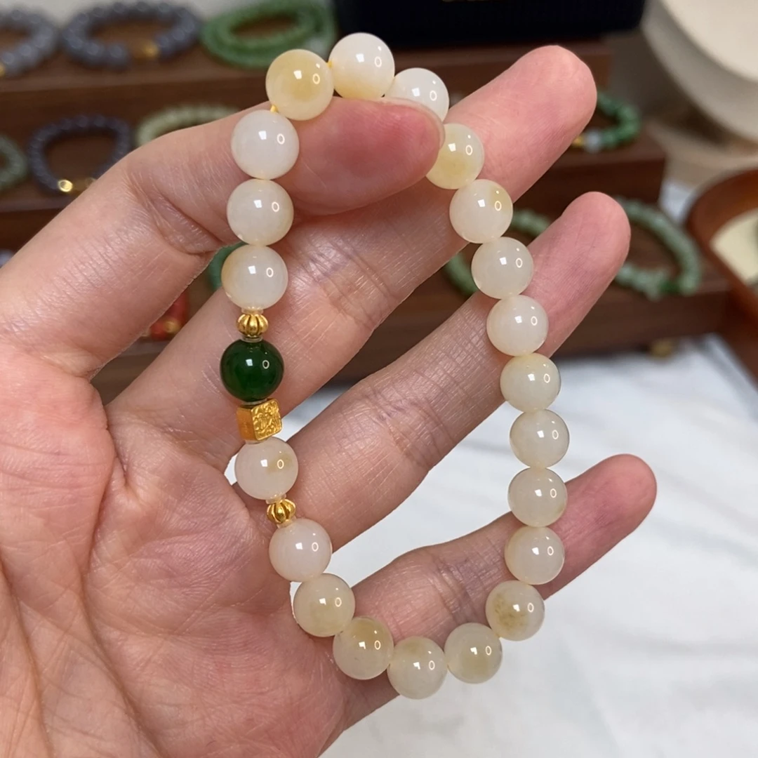 和田玉18K金镶嵌手链8mm糖白精品