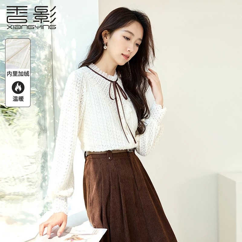 C844156衬衫 香影重工蕾丝加绒衬衫女长袖2024秋冬新款系带