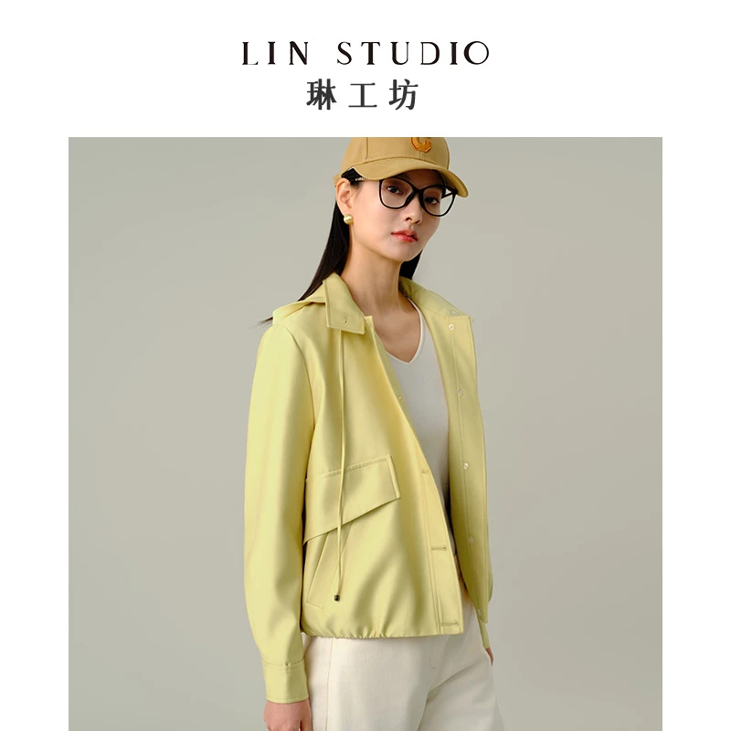 【帽子可拆】琳工坊“麦雪”黄色外套连帽休闲宽松时尚质感唐琳设计师