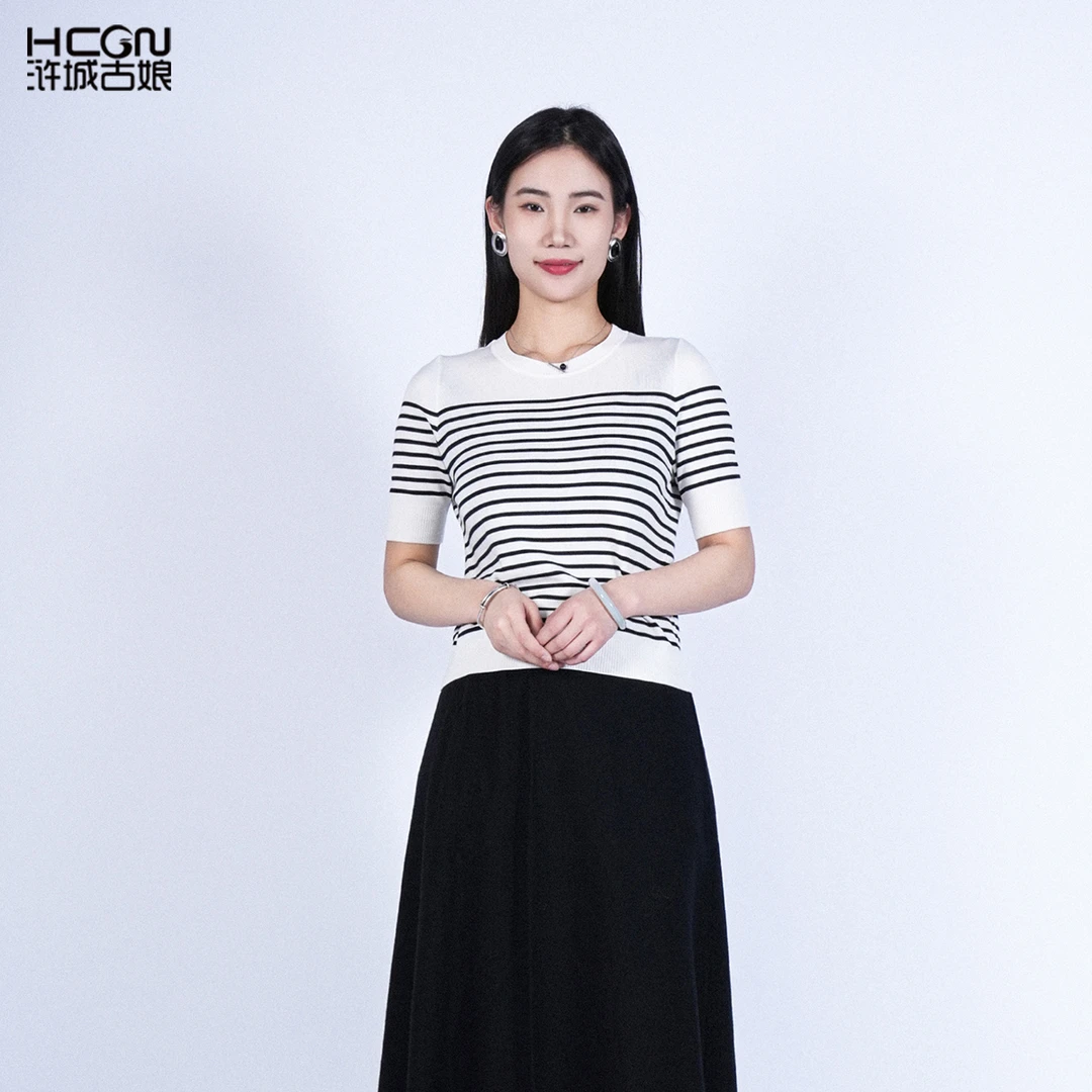浒城古娘春上新简约气质显瘦女短袖圆领宛春上衣毛衫HASS160002
