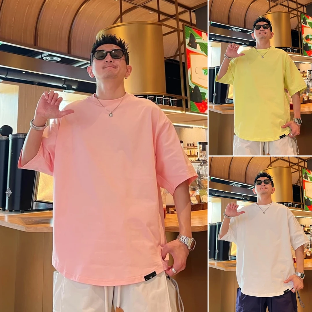 宽松透气百搭时尚潮流帅气个性纯色男士蝙蝠袖纯棉痞帅短袖T恤017