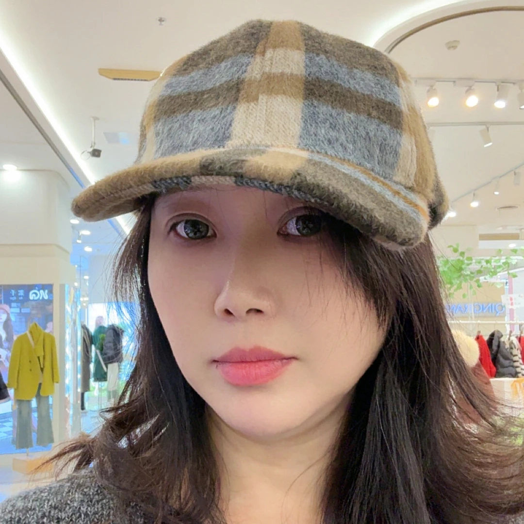 复古拼色格纹羊毛秋冬棒球帽男女款加厚保暖大头围鸭舌帽