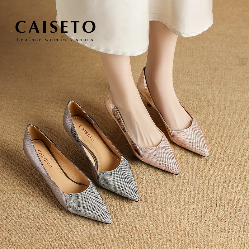 CAISETO牛皮4cm2025新款春秋细跟尖头鞋女猫跟水钻单鞋CST-D6080