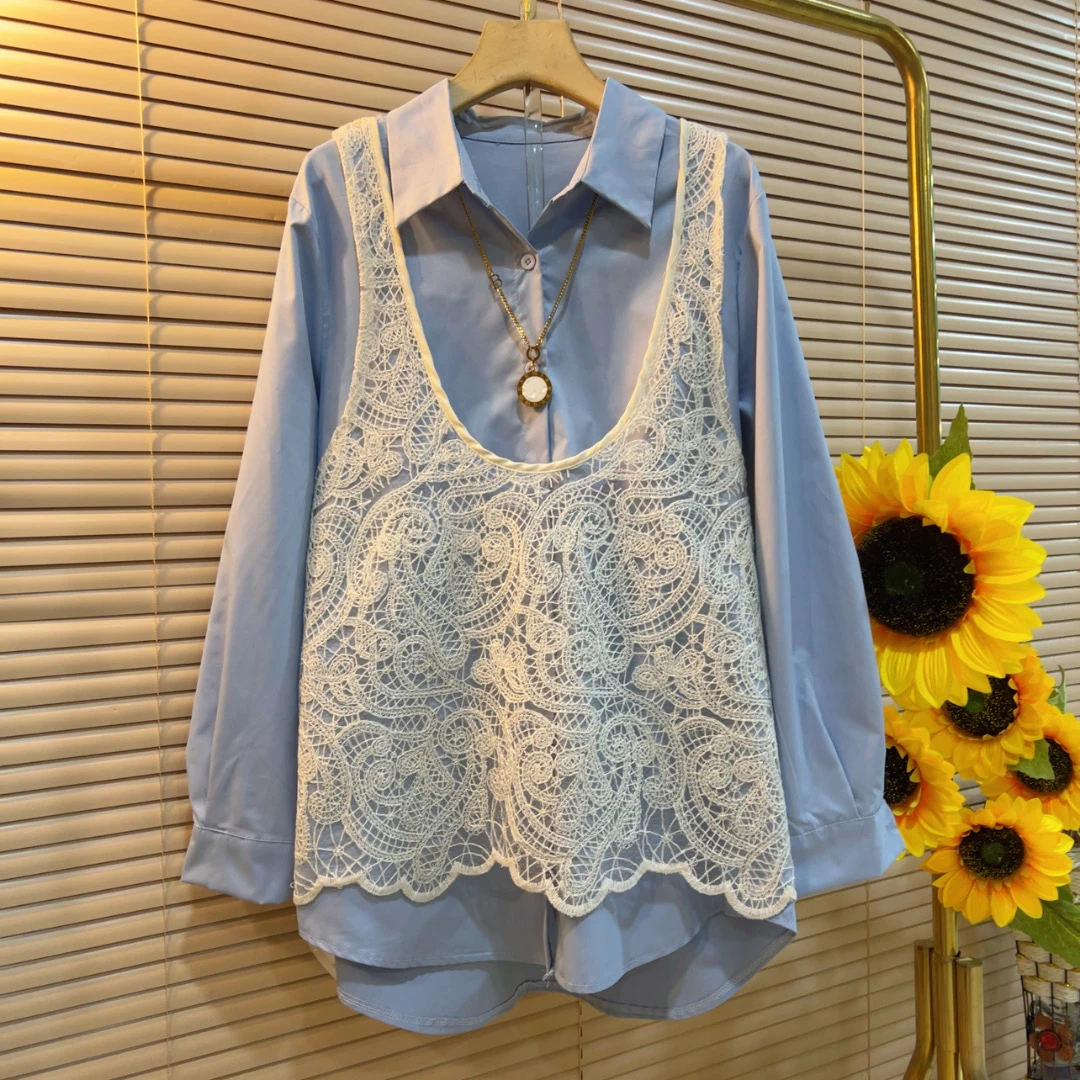 春季新款遮肉衬衫蕾丝马甲两件套上衣
