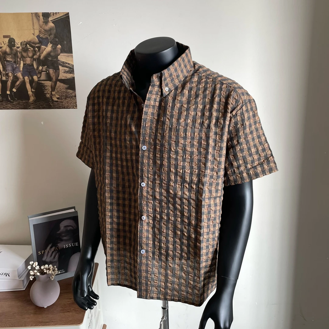 黑熊夏季老钱风“泡泡纱”气质正肩衬衫短宽格子衫男女格纹短袖237