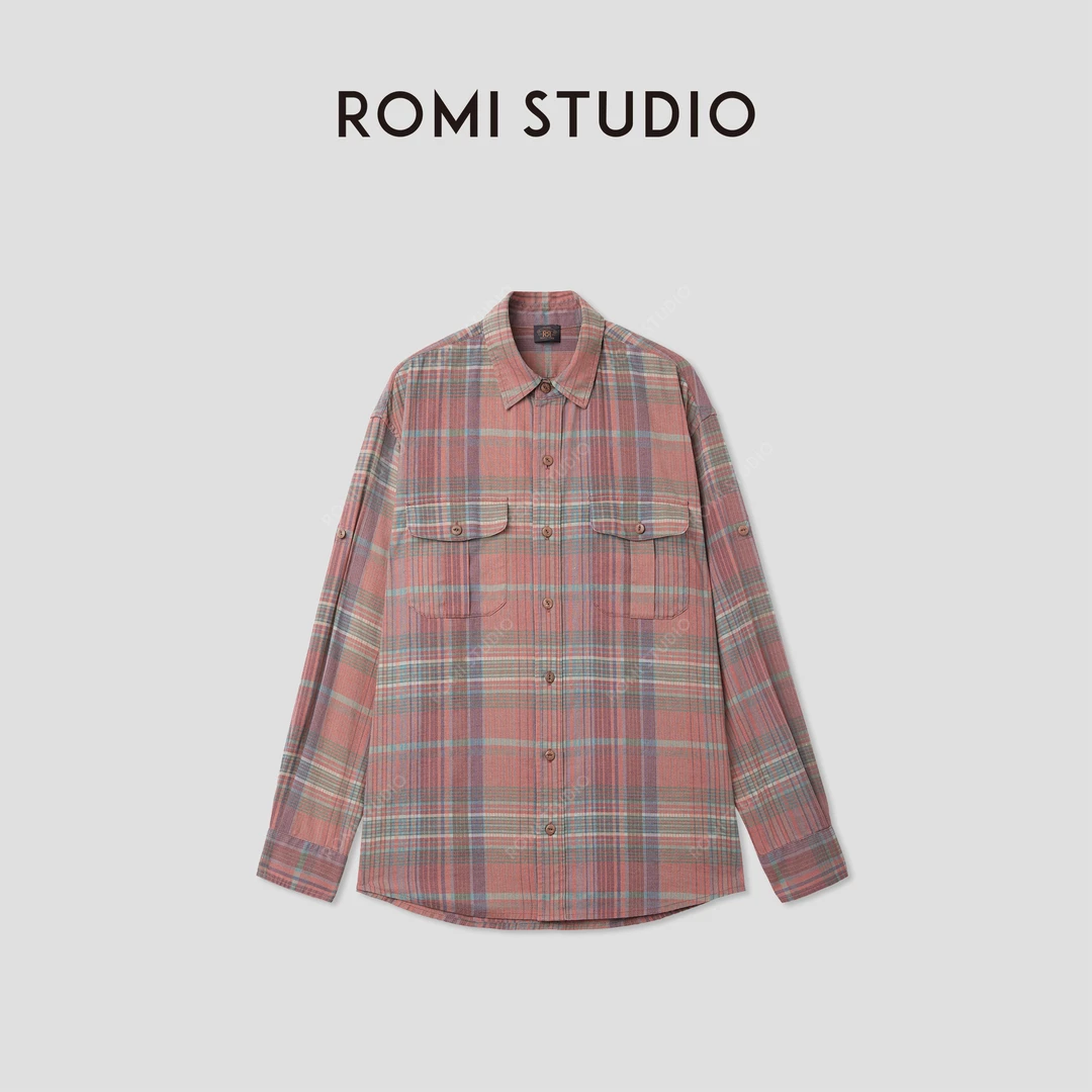 ROMI STUDIO“美式复古”棉麻感双面印花格子翻领衬衫 RWCASY5022