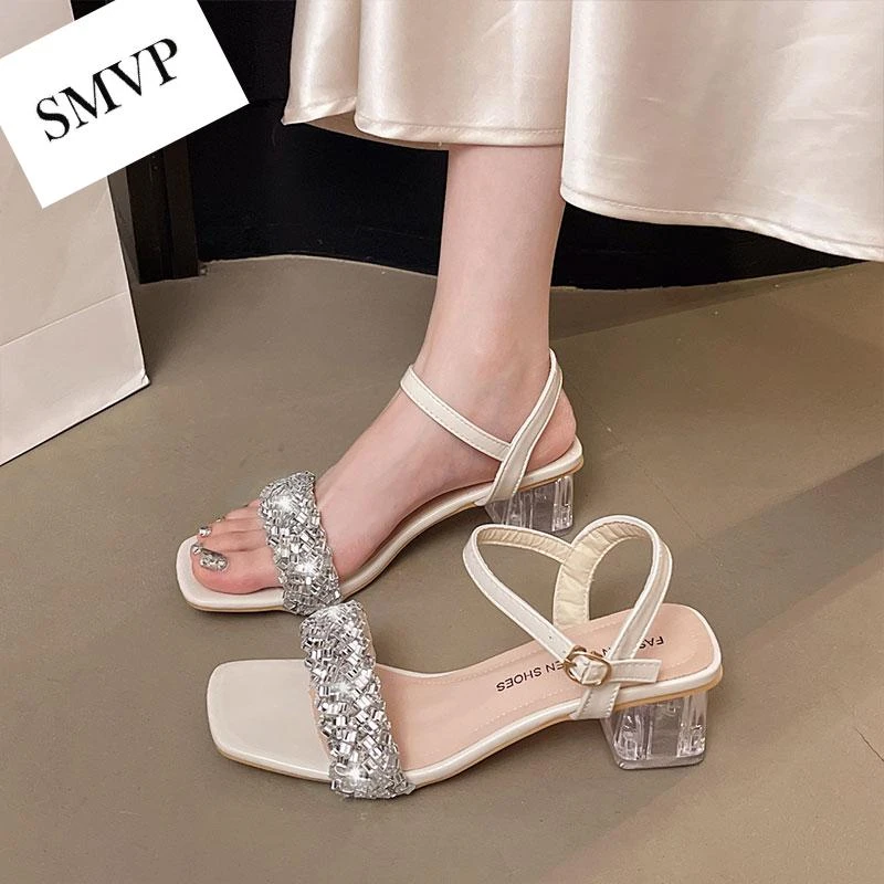 水钻气质凉鞋女2025秋季新款露趾一字扣带气质水晶跟配裙子高跟鞋