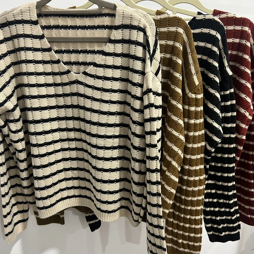 6610针织衫条纹V领针织上衣女秋季休闲百搭