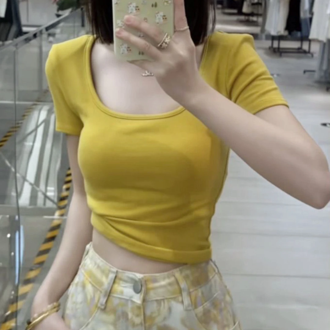 528#夏季螺纹棉短袖T恤女纯色U领显瘦百搭锁骨辣妹白色t恤白t恤