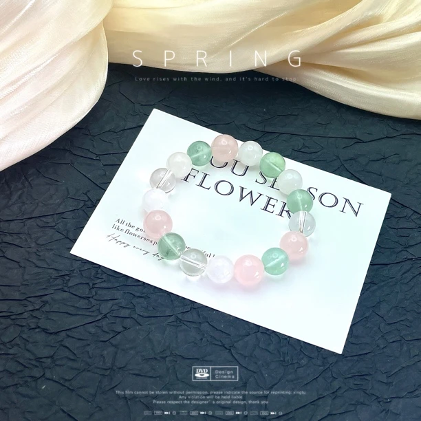 天然 卡10-11 白水晶 白幽灵 绿莹石 西柚粉 原创手串