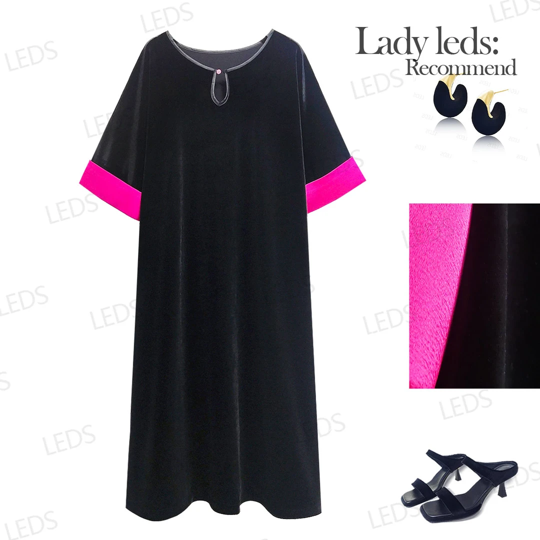 LEDS S688夏季百搭拼接锦绒连衣裙纯色宽松腰黑色连衣裙