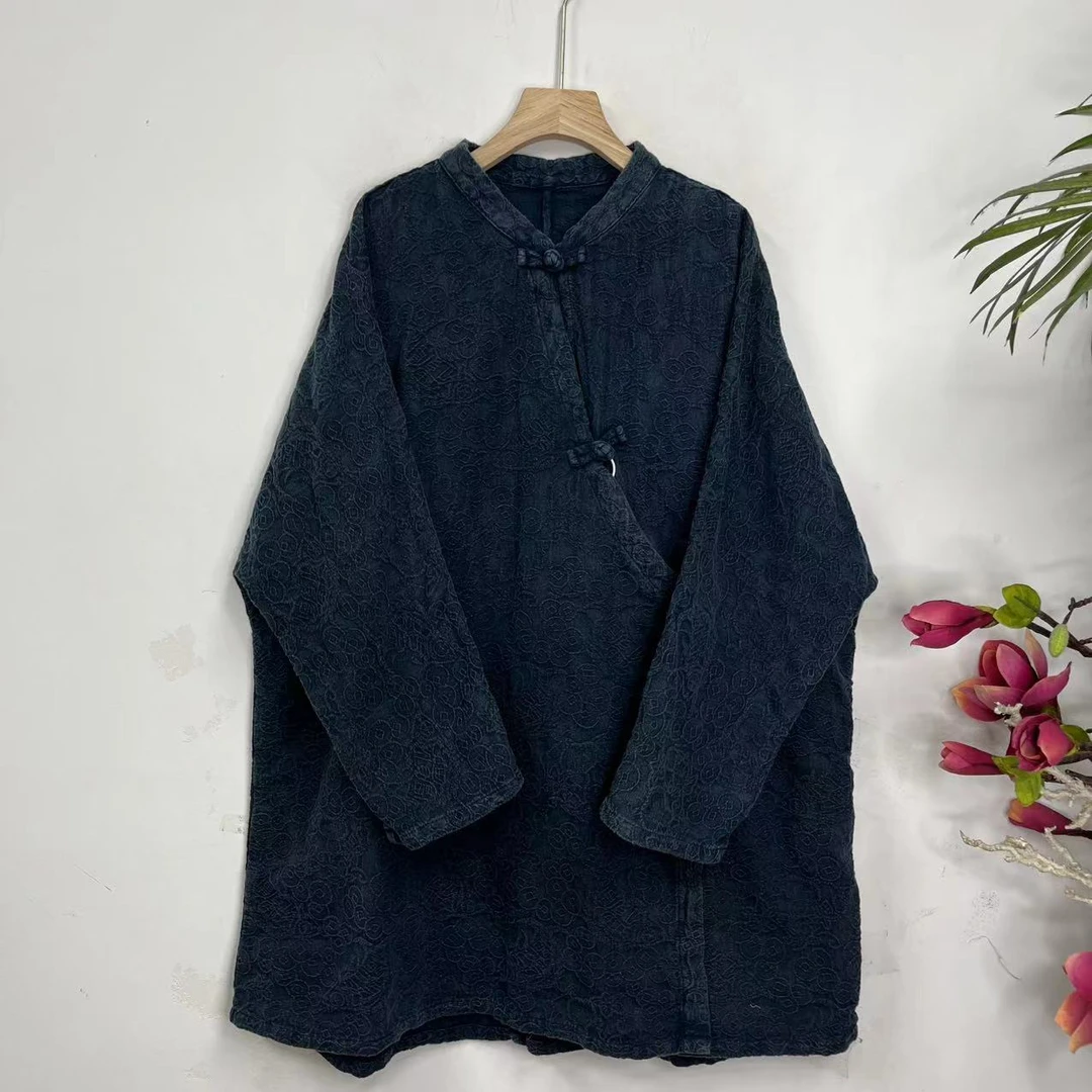 花璟原创设计复古炒色提花斜襟盘扣上衣（衣长84胸围142）