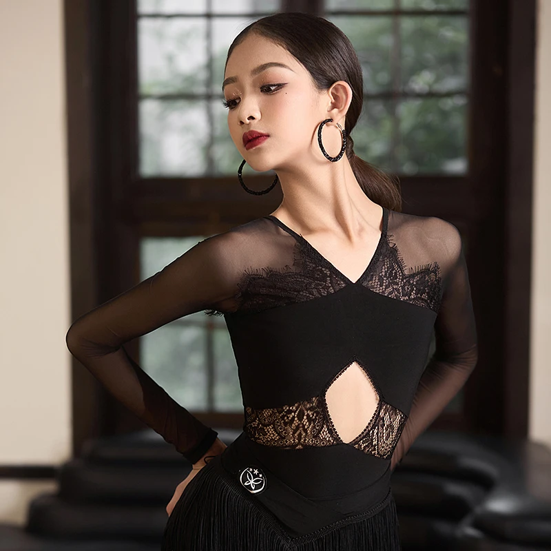 星辰拉丁舞服「法式浪漫」秋冬新品蕾丝网纱长袖拉丁舞练功服