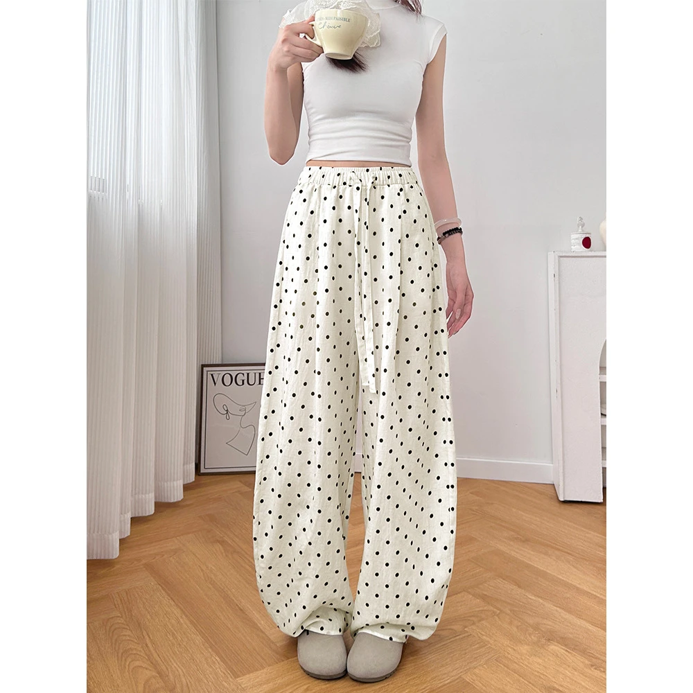 波点阔腿女2025夏季薄款高腰宽松慵懒小波点休闲拖地弯刀裤