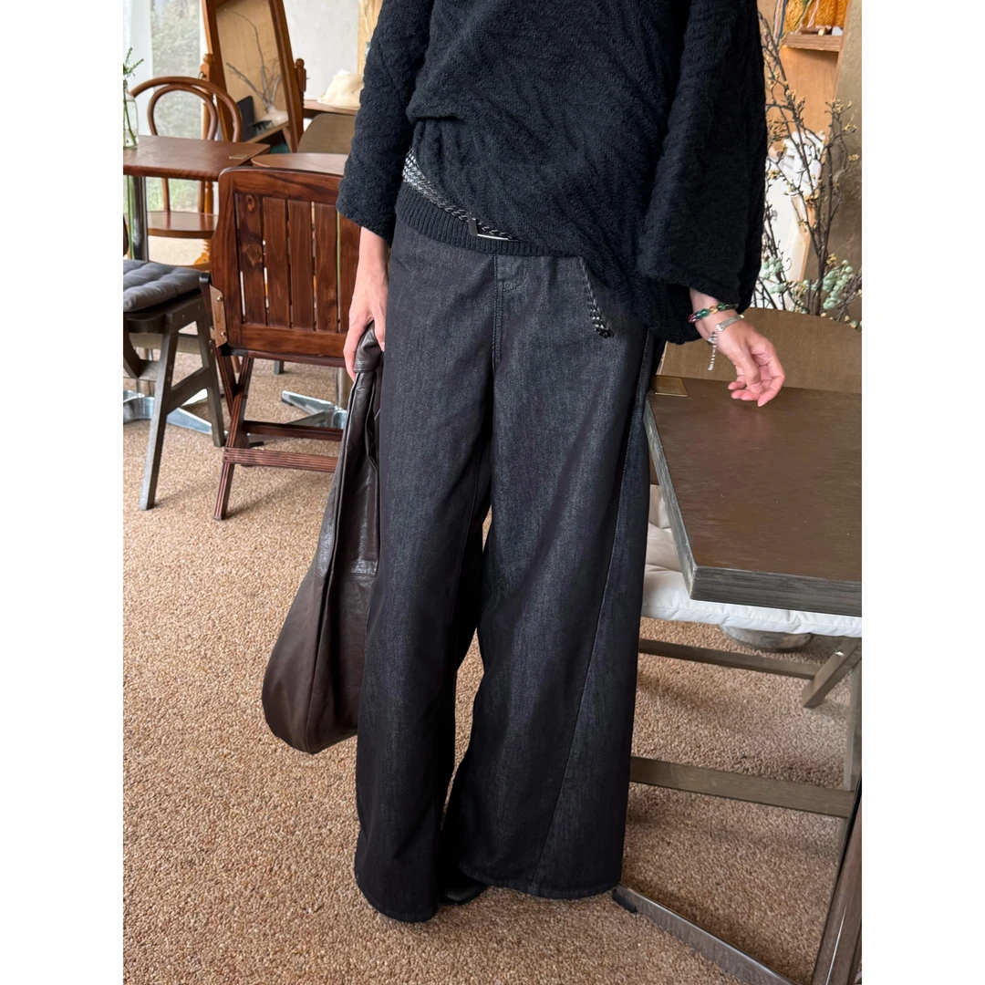 秋冬百搭 原色黑牛 绑带软牛仔阔腿裤(不加绒)