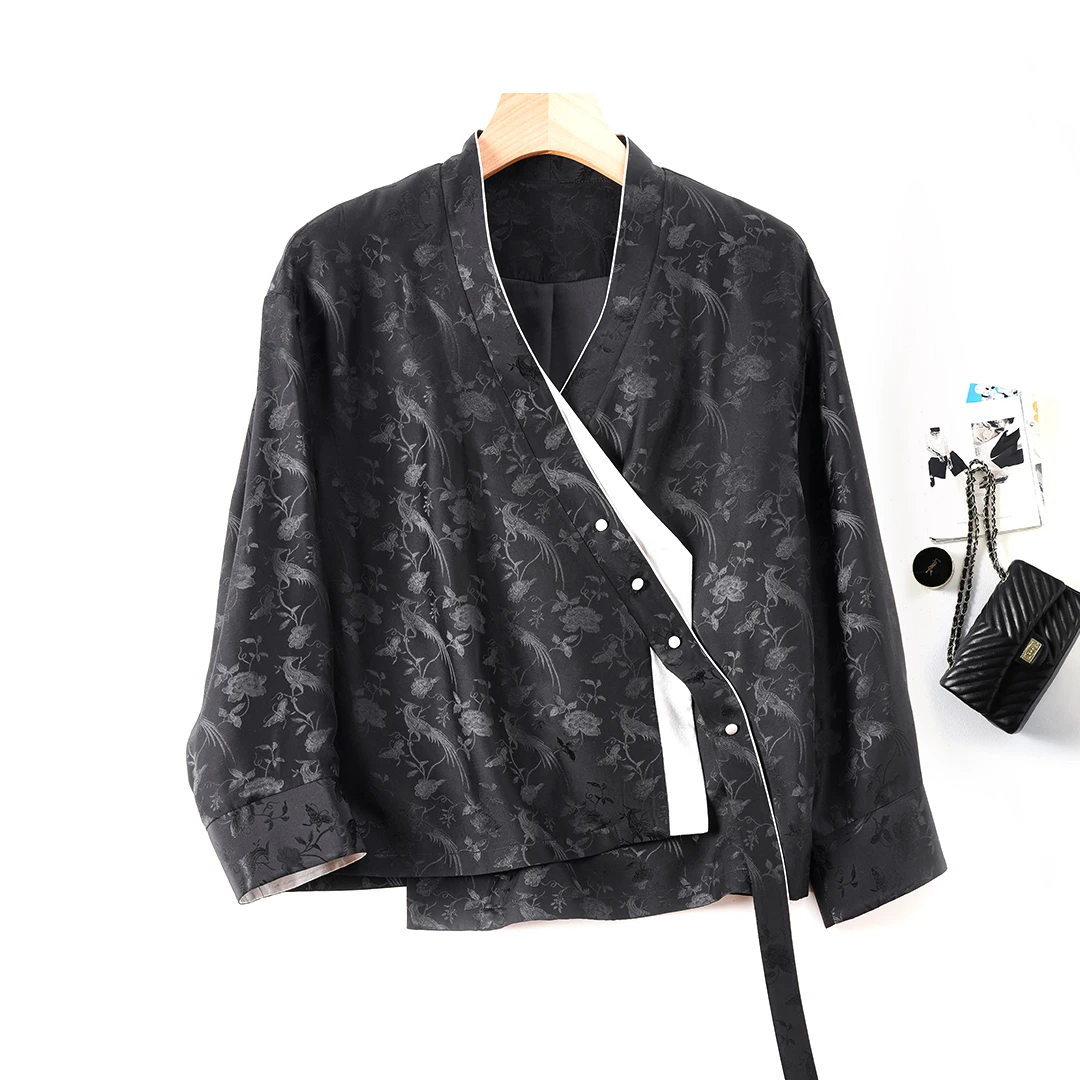 琸娅51%桑蚕丝织锦缎中国风提花上衣休闲中式长袖宽松新中式外套