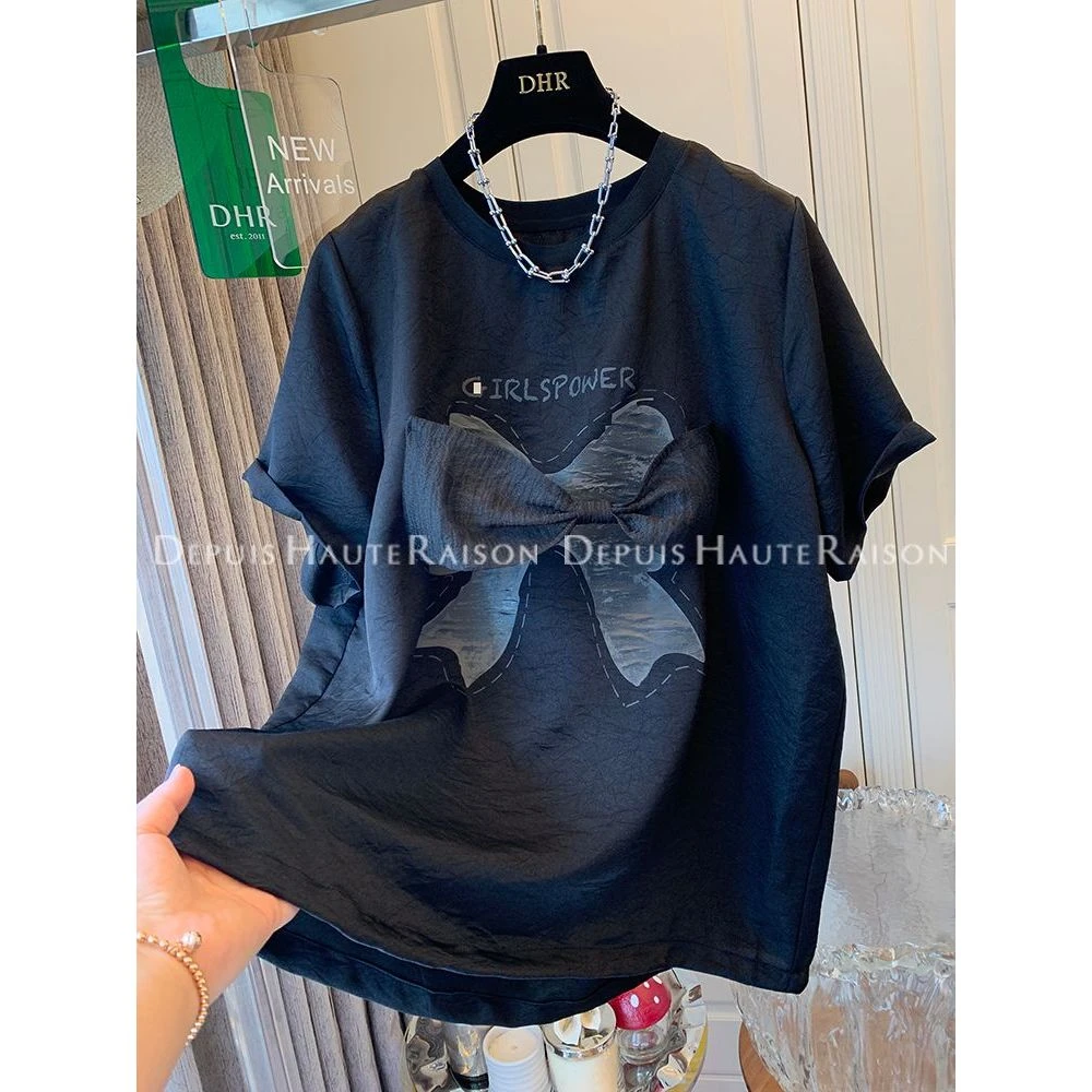 大码胖mm欧洲站蝴蝶结百搭圆领短袖T恤女夏时尚设计感洋气上衣