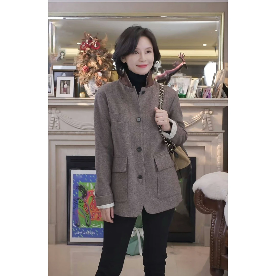 我是摩羯 P家羊毛外套 老钱风拼接绒面皮革领廓形秋季夹克