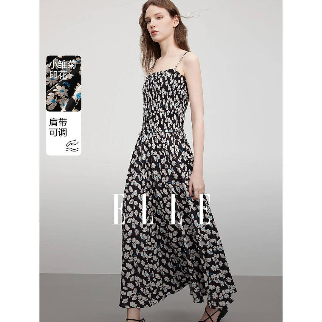 ELLE碎花外出吊带裙连衣裙女2025夏季度假长裙EL50993