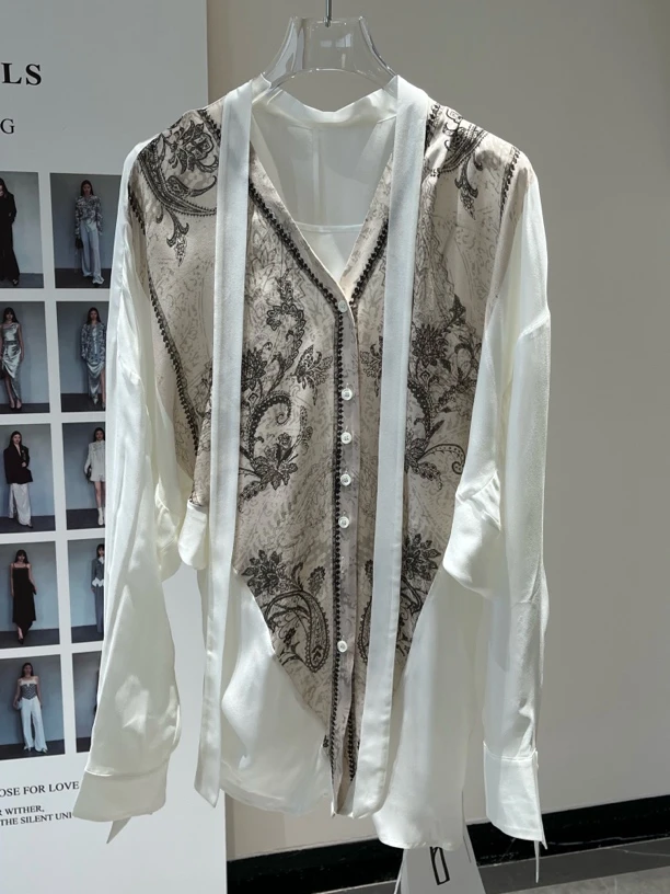 设计师品牌宽松蝙蝠袖印花飘带衬衫