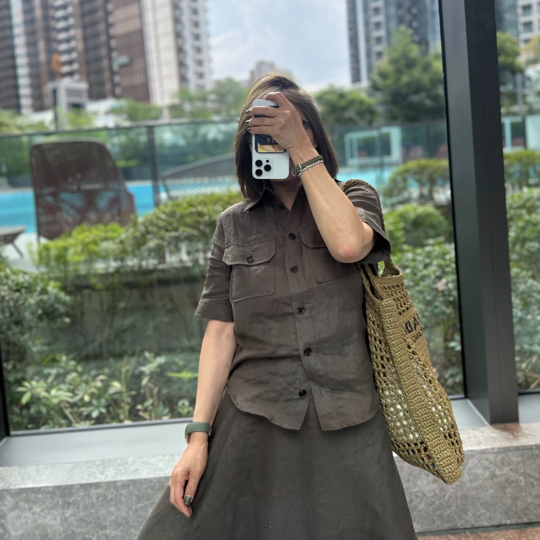 COCOLINDA  |  100%亚麻军绿色法式短袖衬衫上衣K3313