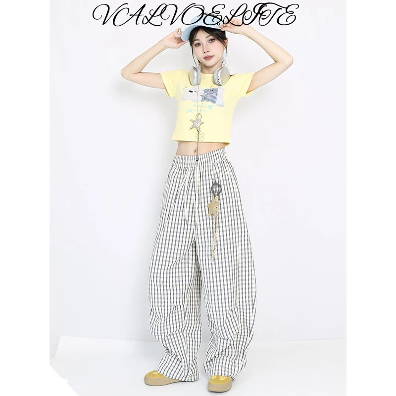 复古星星挂饰休闲格子裤女2025夏季新款宽松慵懒设计感弯刀阔腿裤