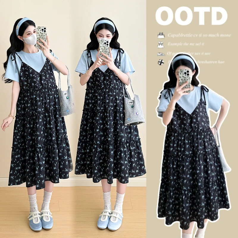 2025甜美印花假两件连衣裙大码碎花显瘦时尚夏季宽松中长款辣妈
