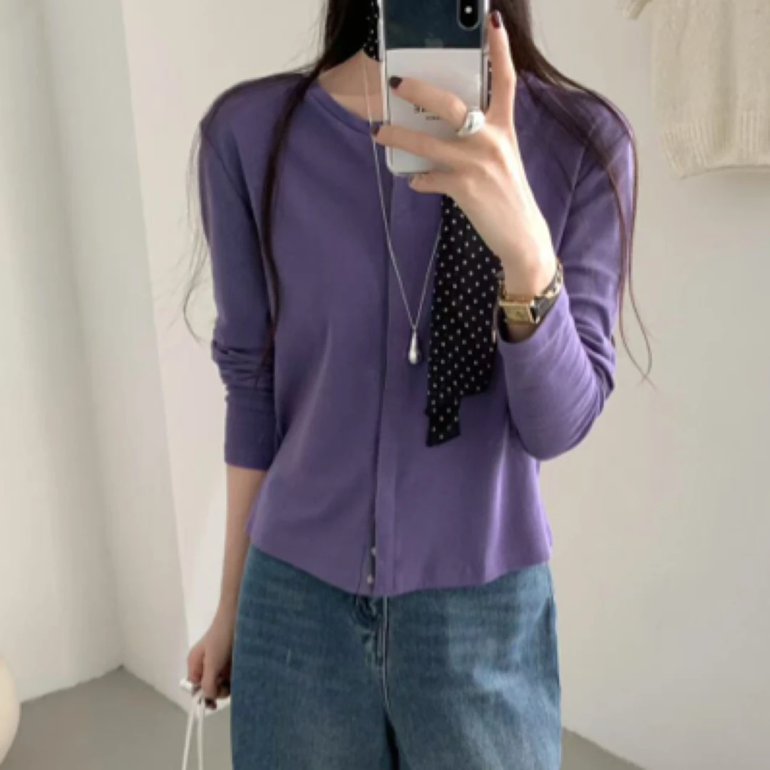 韩系按扣简约百搭紫色针织开衫