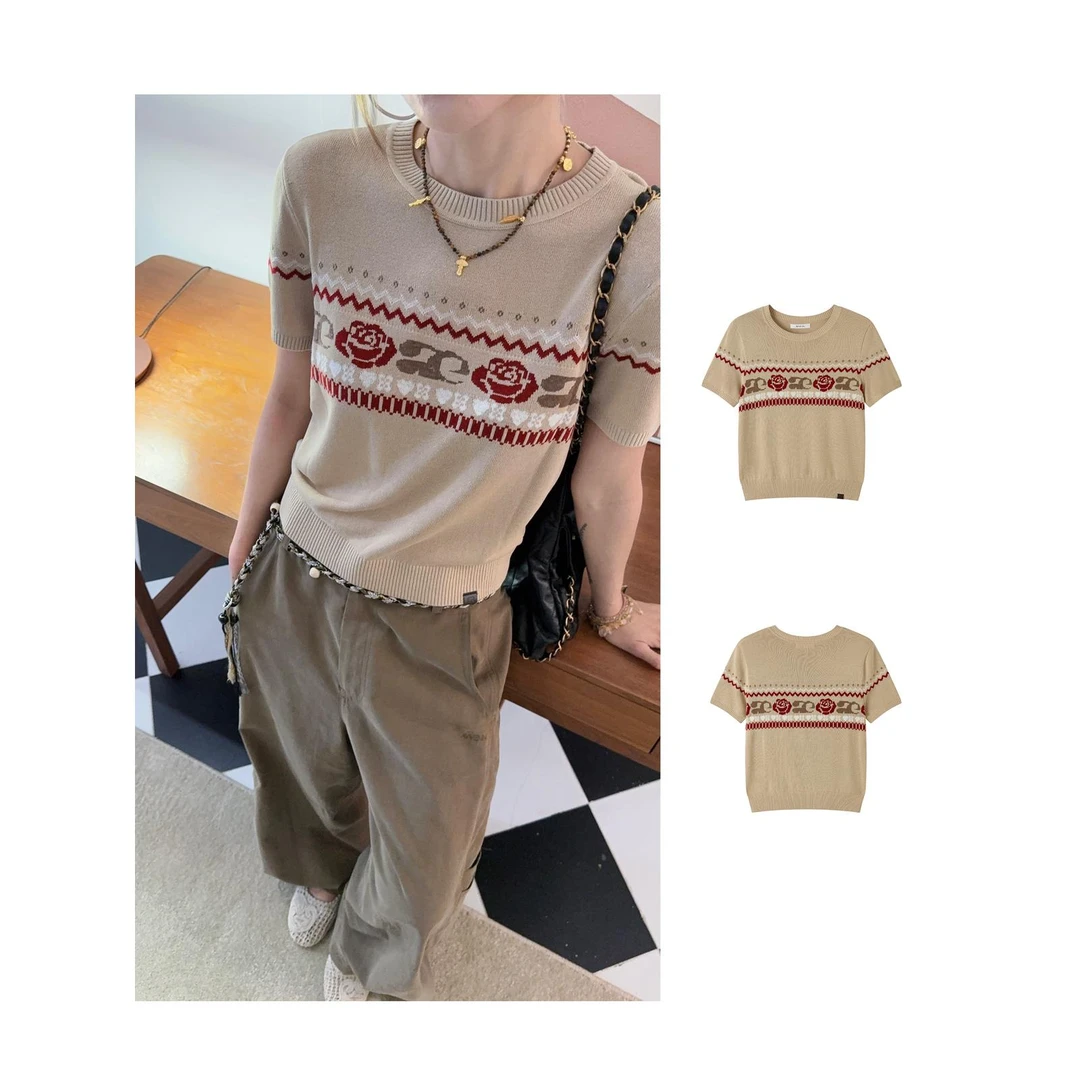 AVVENN2025秋提花圆领短袖针织衫毛衣女890dopdop买手店