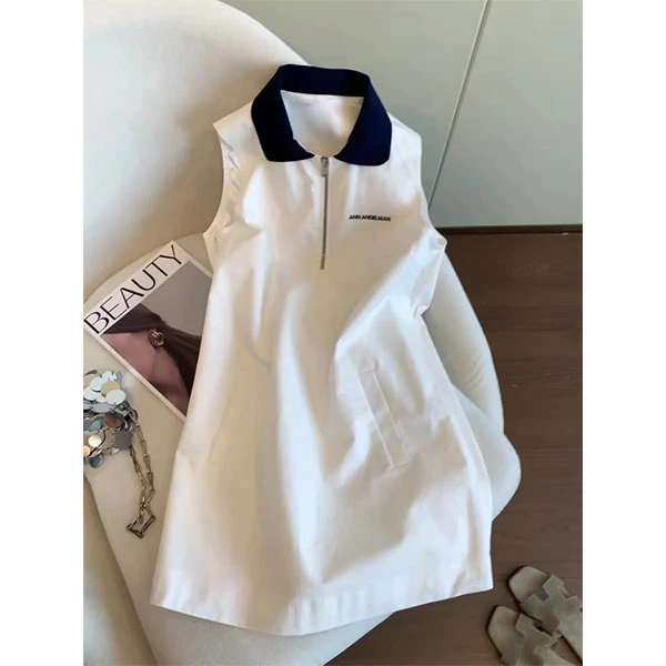 2025春夏正确版设计感减龄时尚小众设计休闲撞色翻领无袖连衣裙女