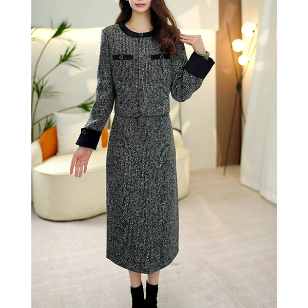 L5923 小香风外套半身裙两件套女2025新款秋冬显瘦时尚气质套装裙